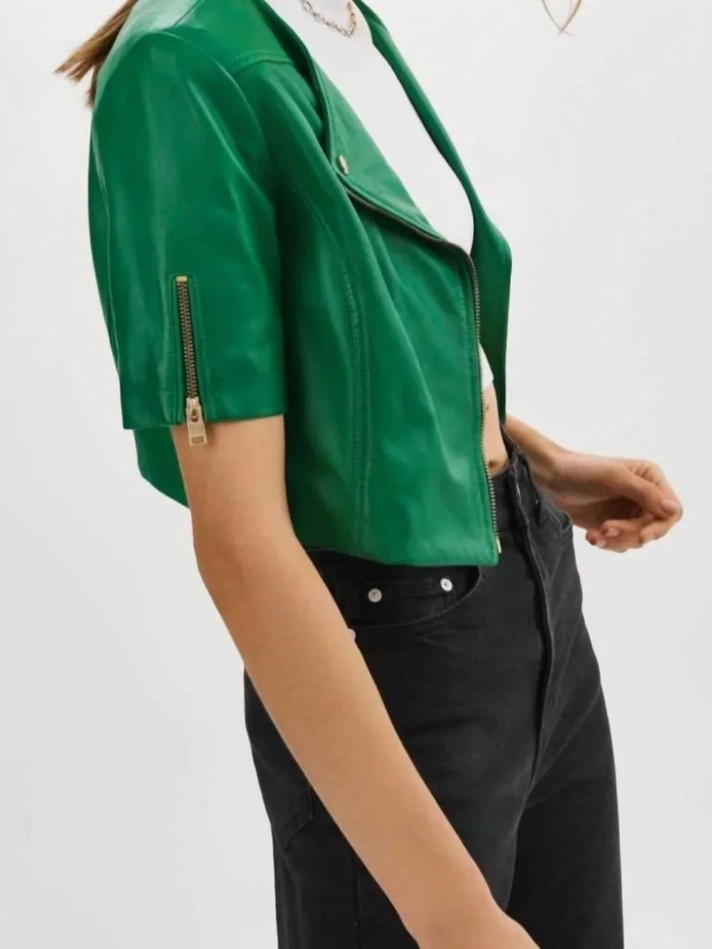 NWT Womens Lamarque Kirsi Green (Item- 309) Lamb Leather Zip Crop Moto Jacket XS